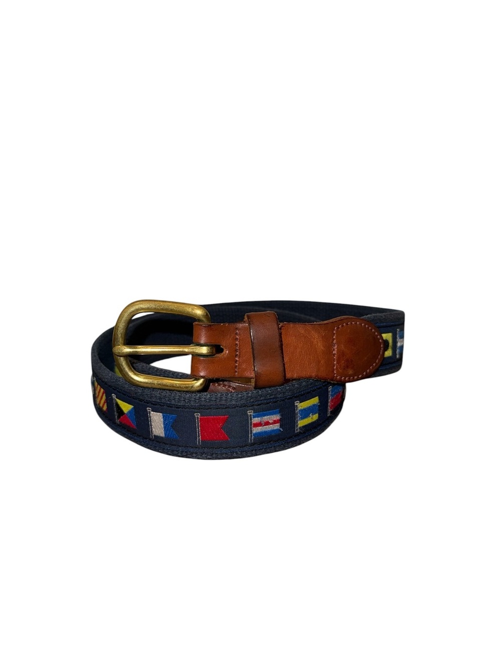 Vintage J Press Men's Navy Flag Leather Woven Belt with Brown Leather Accents 38